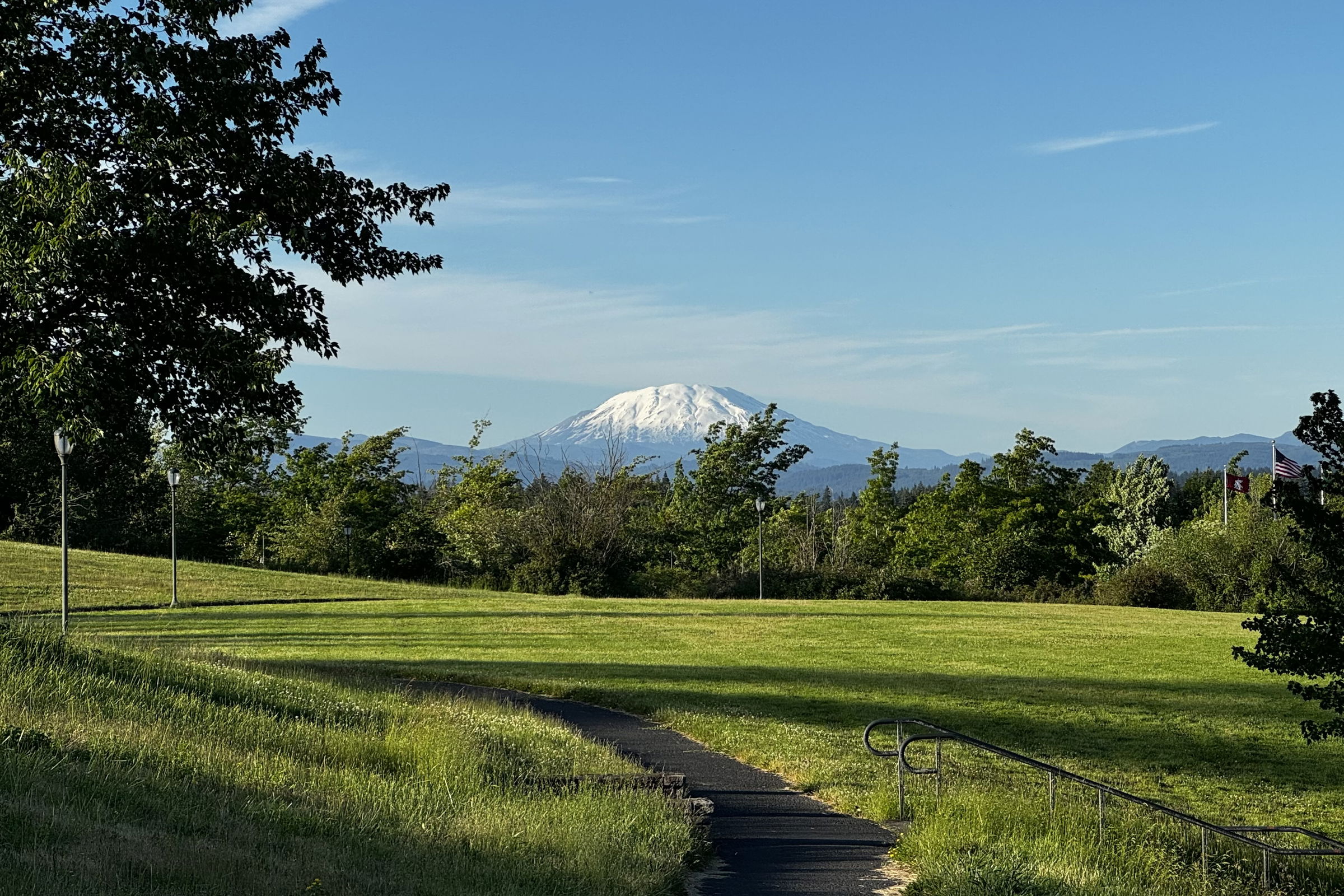 Snow-capped mountain in the distance under a clear blue sky, framed by lush green trees and a well-manicured park in the foreground with a winding path leading towards the mountain.