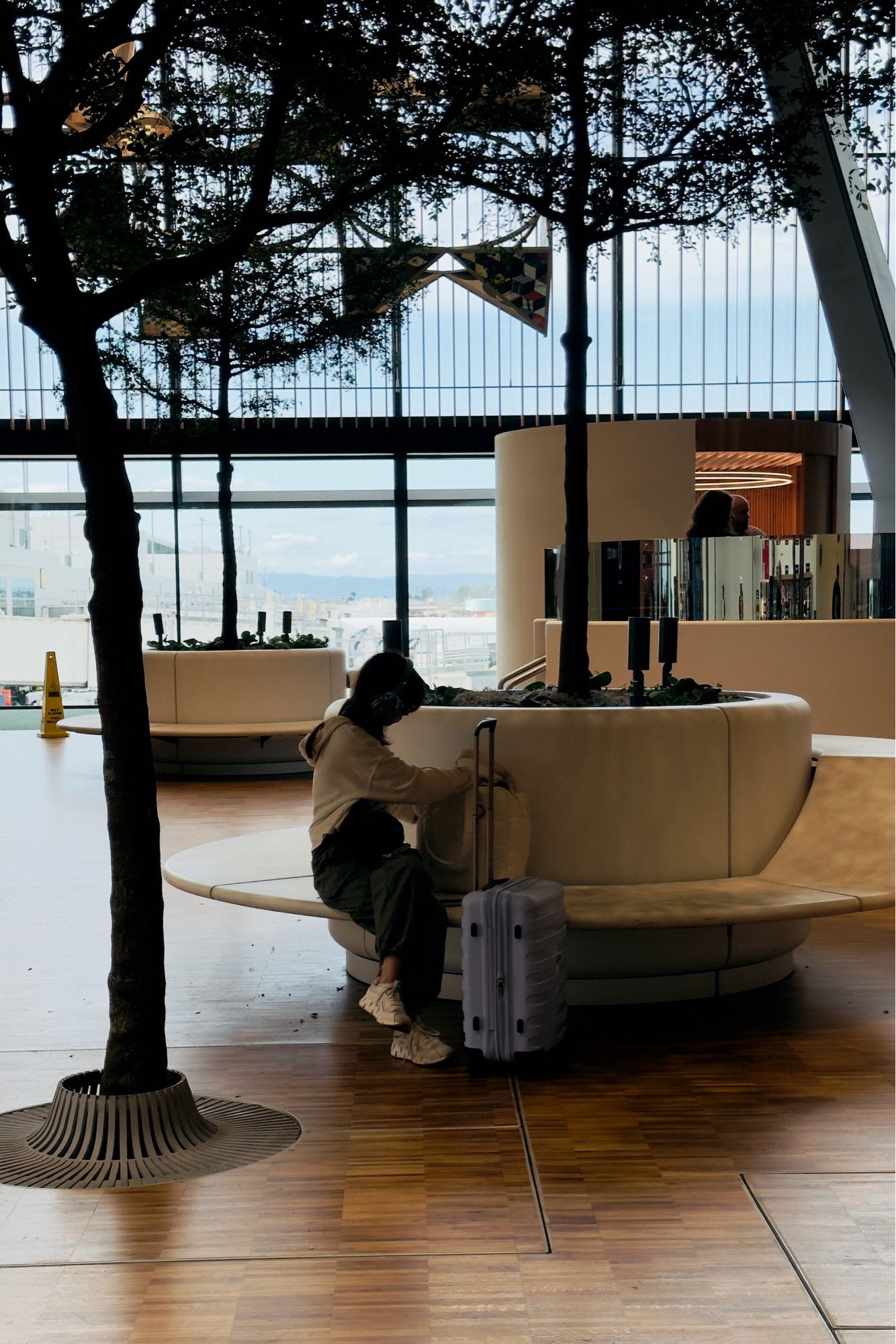 An airport lounge area with indoor trees in large planters. A person is sitting on a circular bench surrounding a tree planter, with their luggage nearby. Large windows and more seating areas are visible in the background.