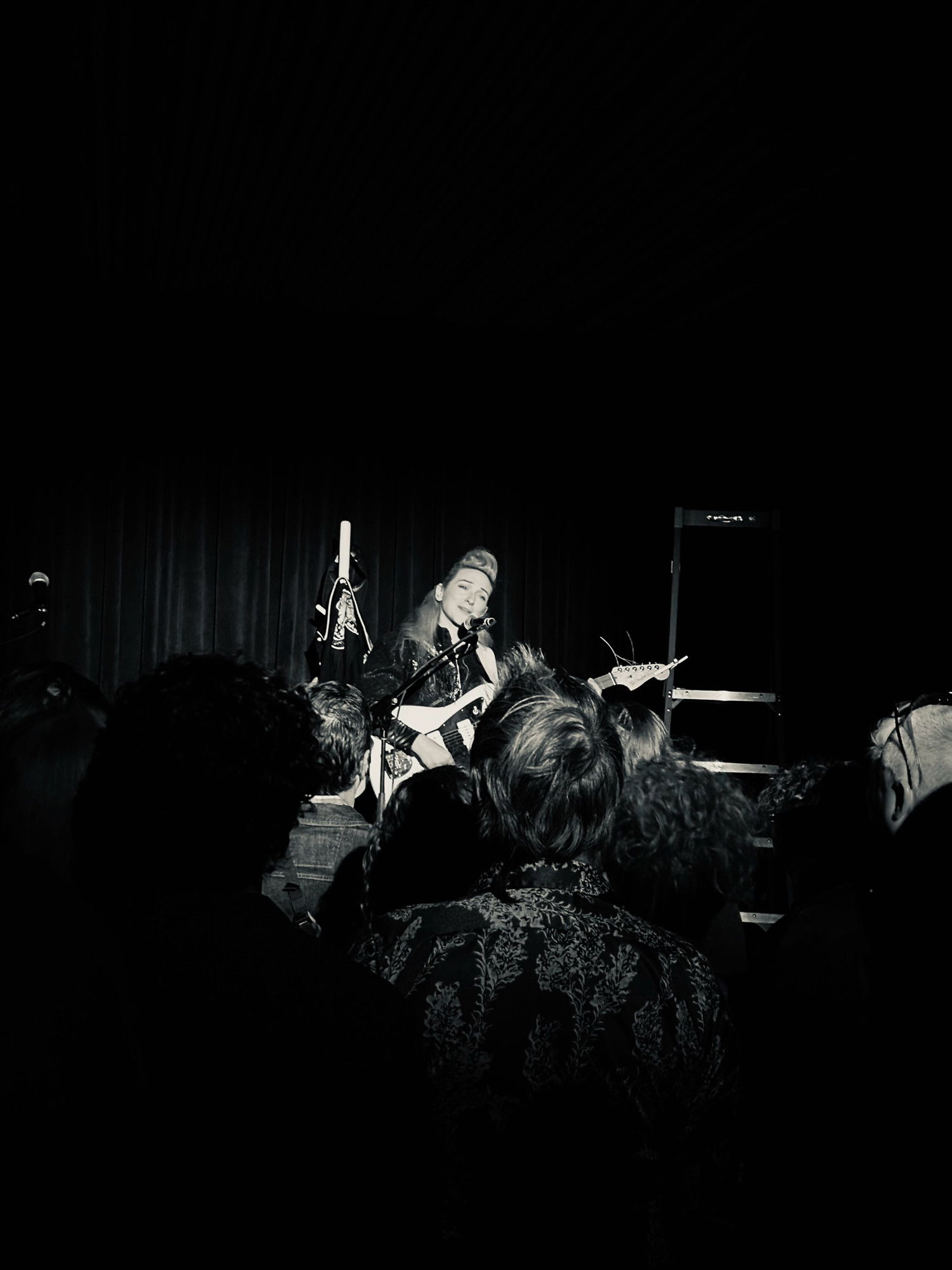 A musician with a pompadour hairstyle performs on stage, playing an electric guitar and singing into a microphone. The image is in black and white, with the performer illuminated against a dark background and audience.