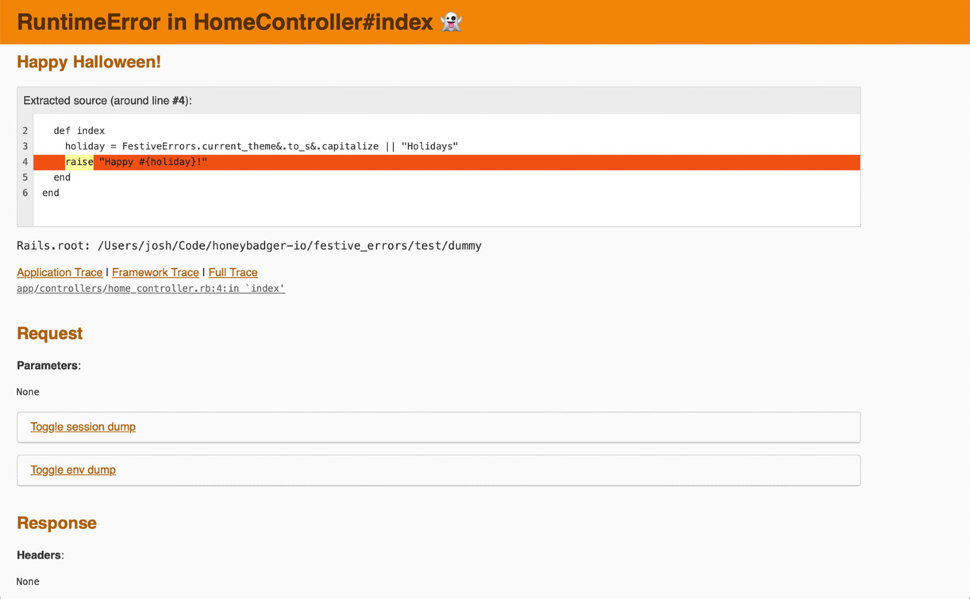 A Ruby on Rails error page with a Halloween theme, showing a RuntimeError in HomeController#index. The page displays Ruby code with a line highlighted in orange-red that raises an error with the text ‘Happy #{holiday}!’. The error occurs in a method that appears to be setting a holiday theme. The page has a brown/orange color scheme instead of the usual Rails error page colors, and includes a ghost emoji (👻) in the header. Below the code snippet are collapsible sections for ‘Toggle session dump’ and ‘Toggle env dump’, and sections showing the application trace and request/response information.