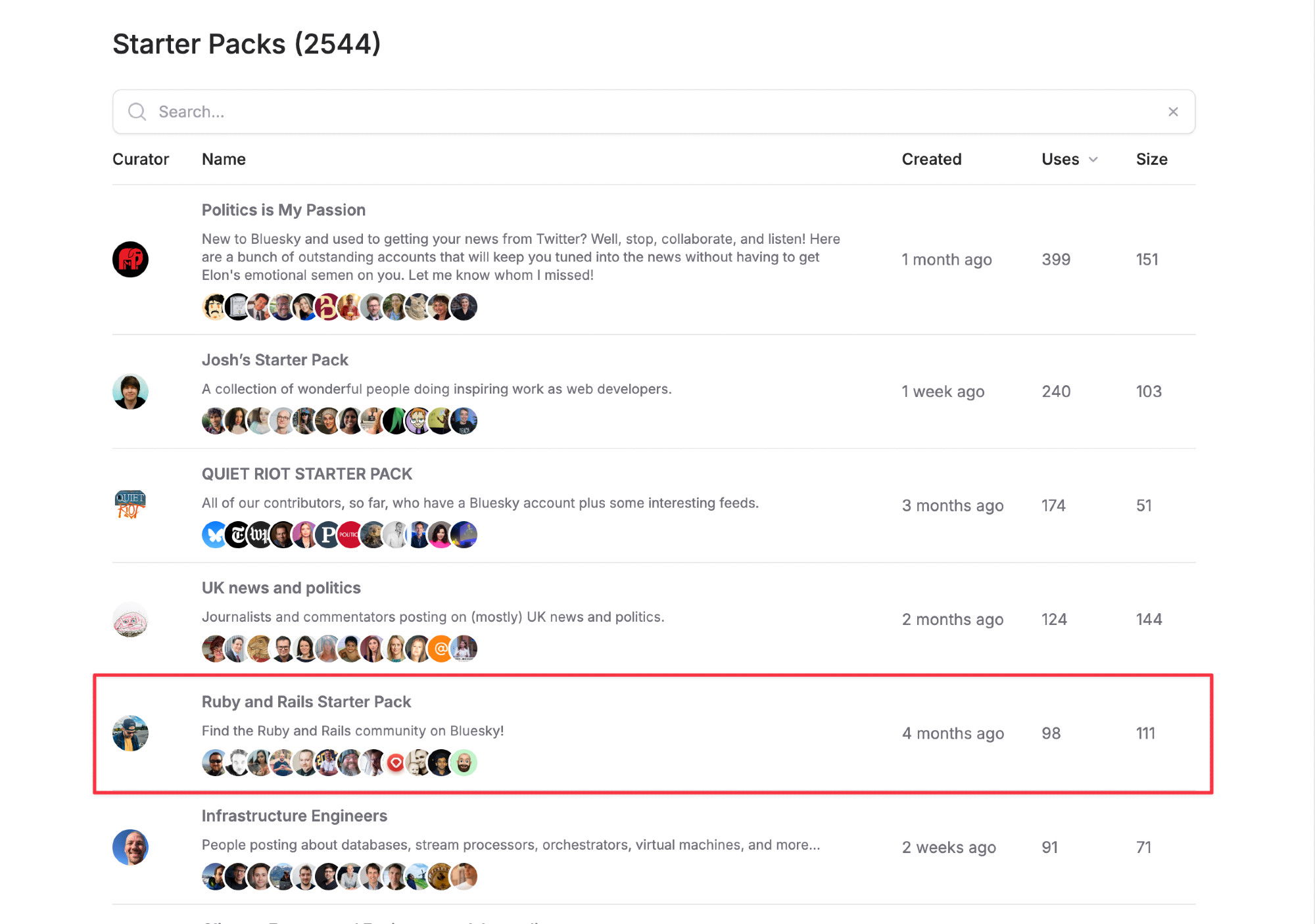 A screenshot of a list of starter packs sorted by # uses, with six starter packs displayed. A red outline highlights a starter pack titled “Ruby and Rails Starter Pack” in the 5th position from top.