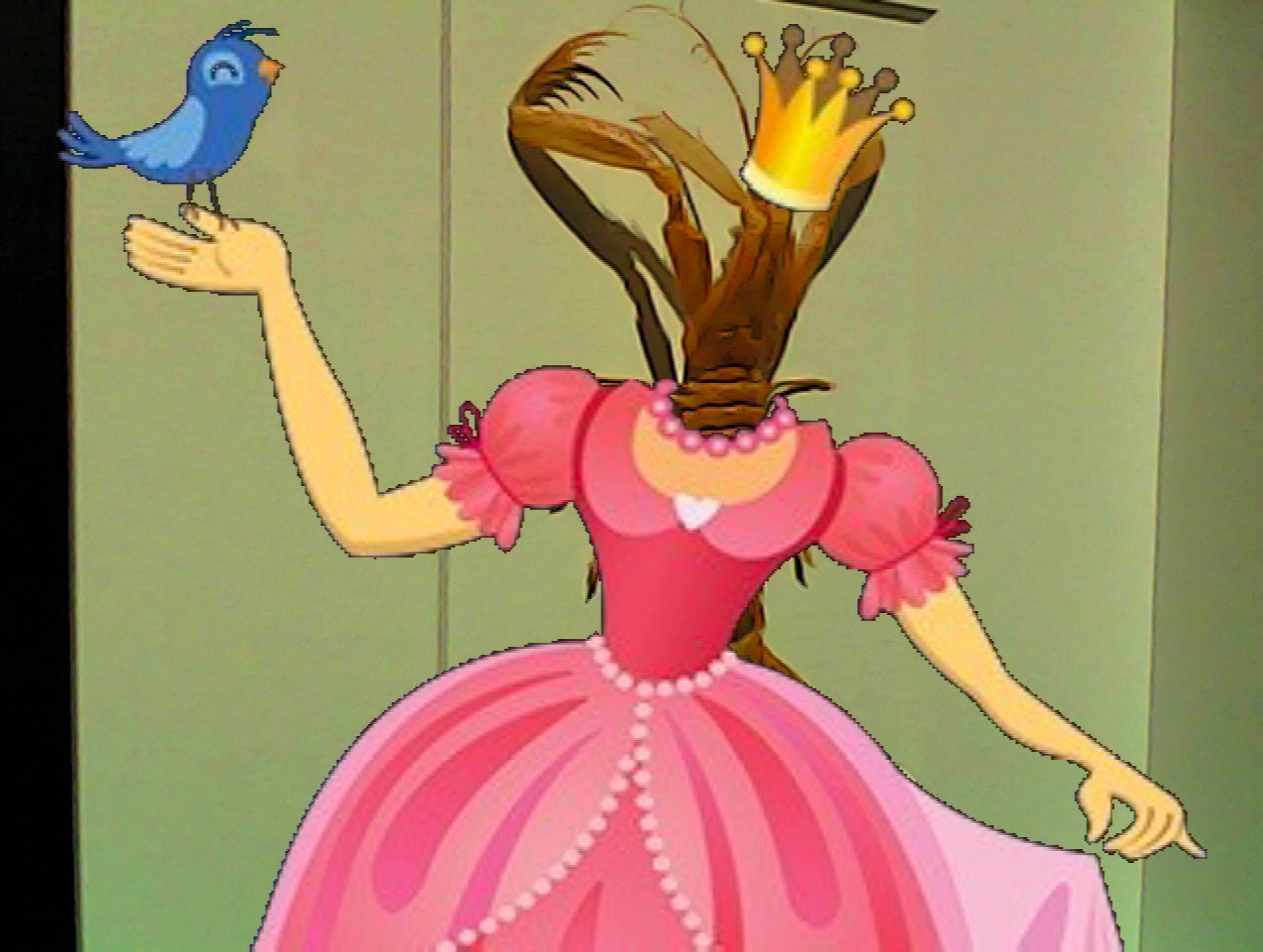 A whimsical cartoon showing a pink princess dress with a brown shrimp head wearing a golden crown where the neck should be. The dress has pearl decorations and puffy sleeves, with an animated blue bird perching on one extended arm, set against a green background.