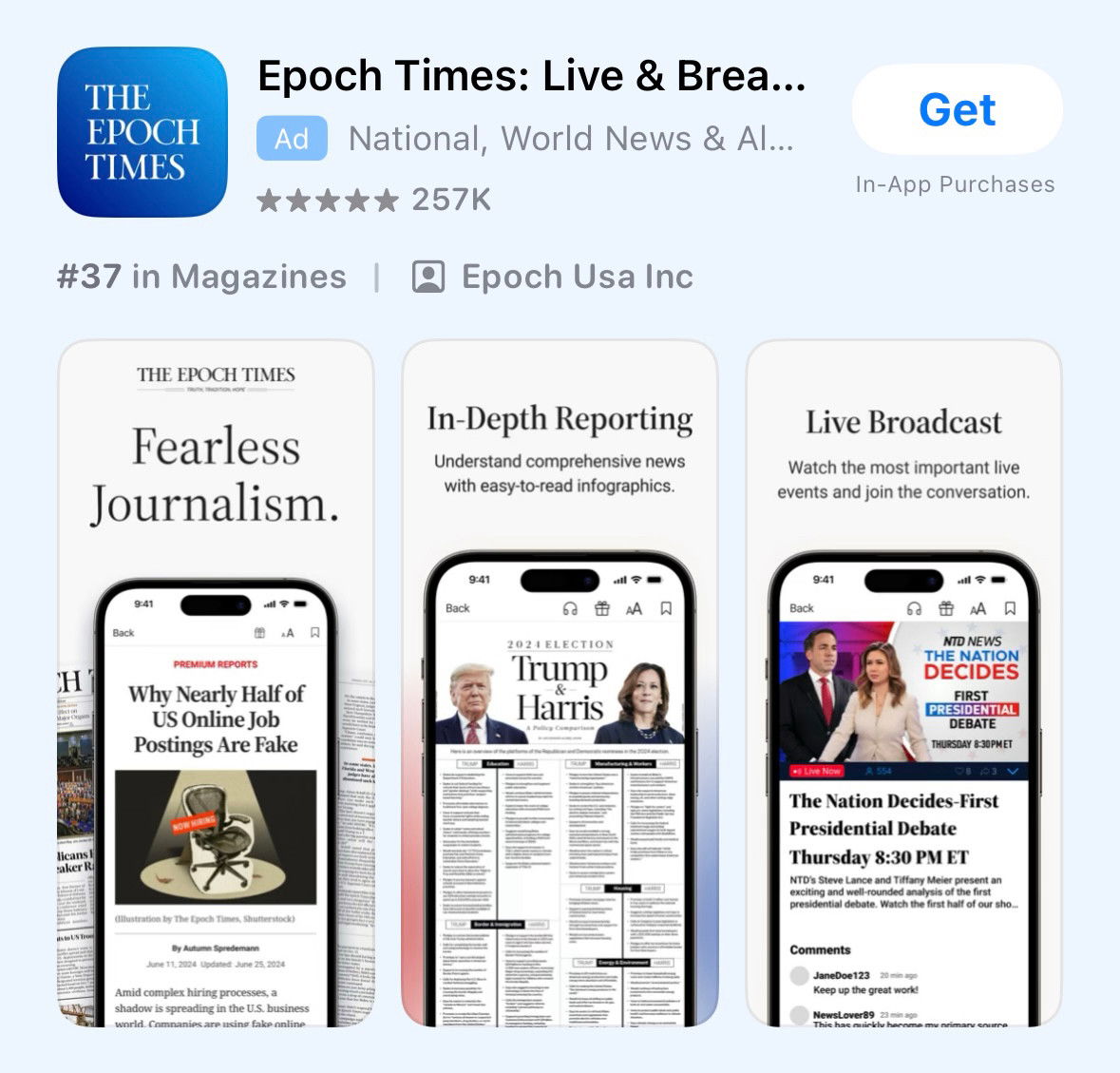 A screenshot of an ad for the epoch times advertised as “fearless journalism.”