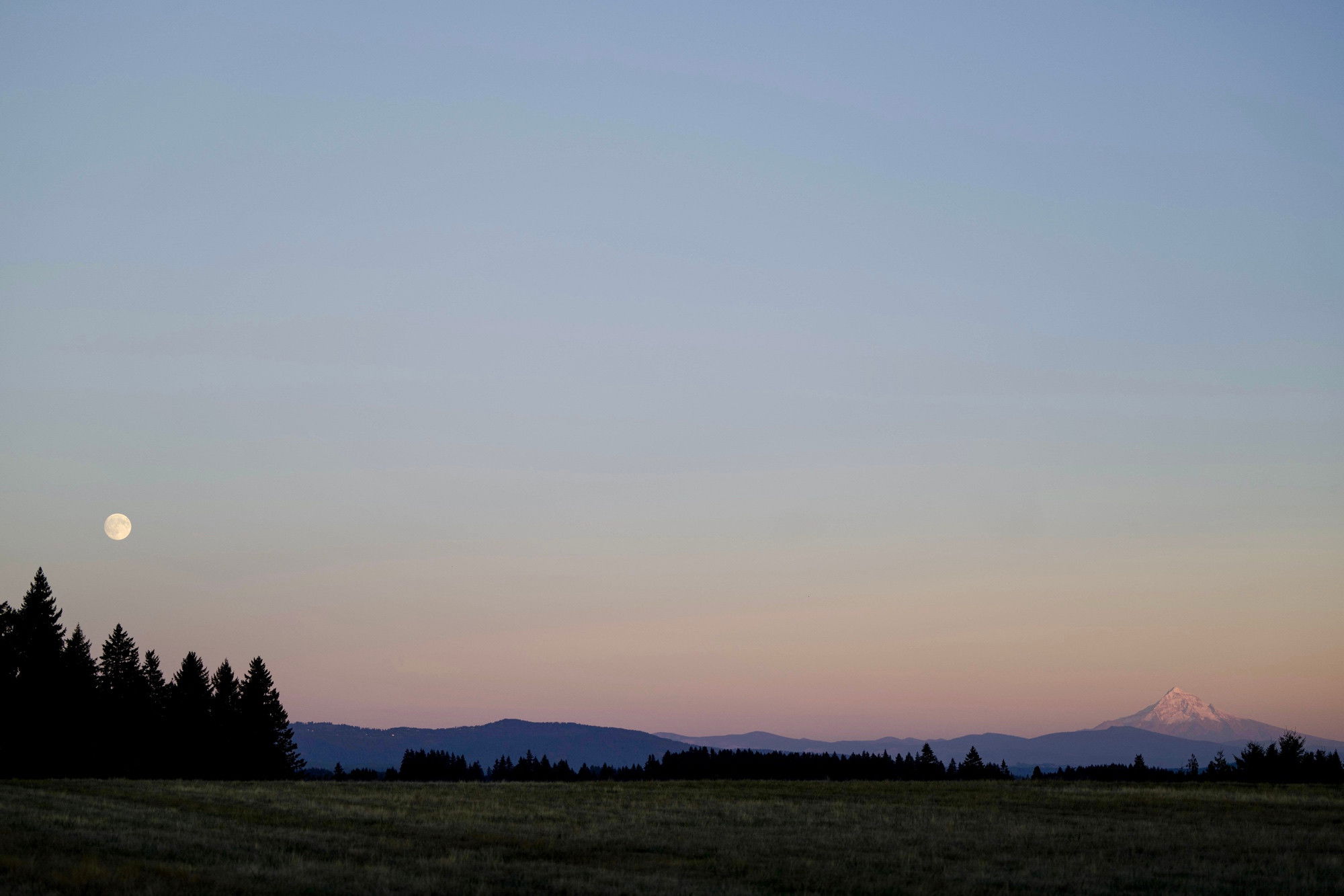 A twilight landscape at dusk with a full moon hanging in the pale blue sky above. Dark silhouettes of evergreen trees line the left side, while a snow-capped mountain peak rises on the right horizon. The sky transitions from soft blue to warm peach and orange tones near the horizon, with layers of distant mountain ridges visible in the middle distance. An open meadow stretches across the foreground.